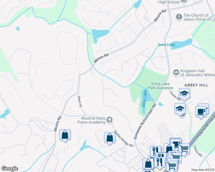 map of restaurants, bars, coffee shops, grocery stores, and more near 495 Surveyors Point in Suwanee