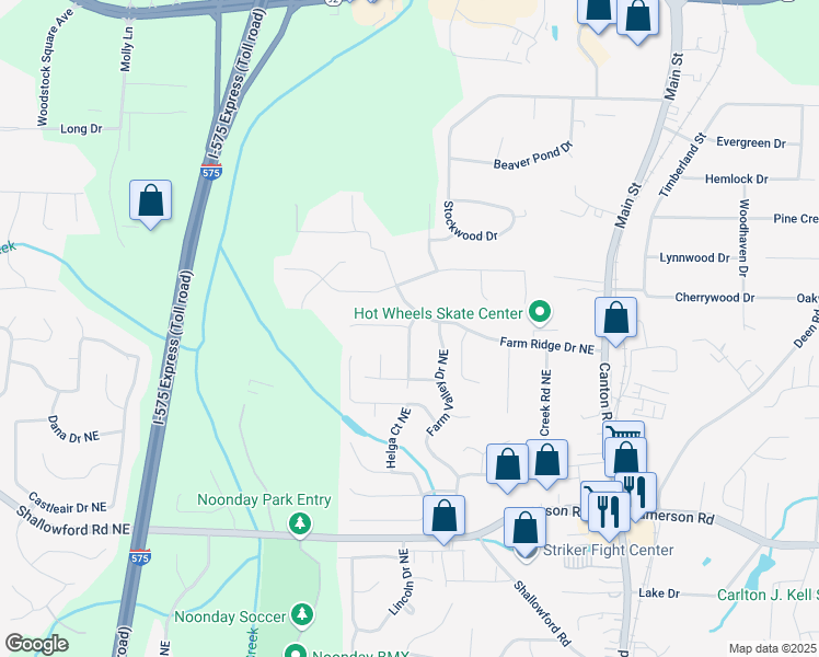 map of restaurants, bars, coffee shops, grocery stores, and more near Farm Place Drive Northeast in Woodstock