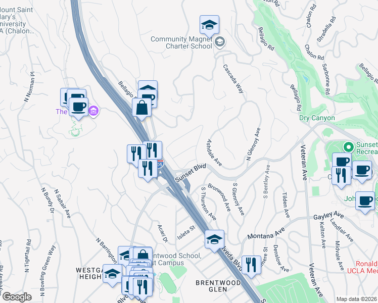 map of restaurants, bars, coffee shops, grocery stores, and more near 11339 Thurston Place in Los Angeles