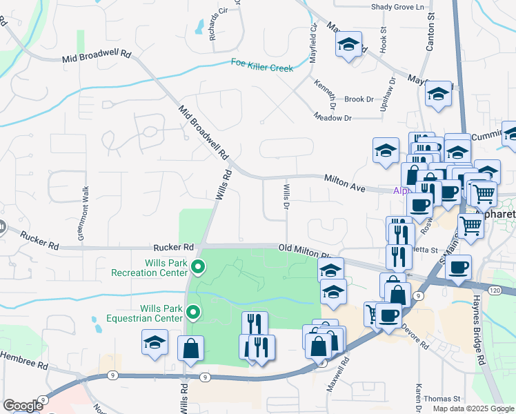 map of restaurants, bars, coffee shops, grocery stores, and more near 58 Nathan Circle in Alpharetta