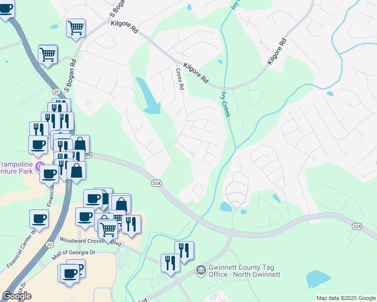 map of restaurants, bars, coffee shops, grocery stores, and more near 3130 Hallmark Lane Northeast in Buford