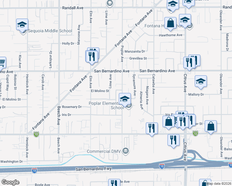 map of restaurants, bars, coffee shops, grocery stores, and more near 9733 Eugenia Avenue in Fontana