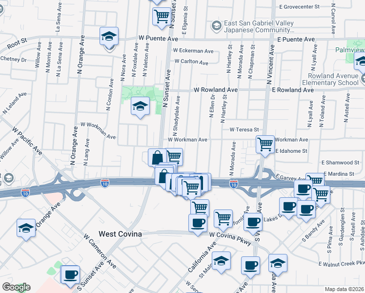 map of restaurants, bars, coffee shops, grocery stores, and more near 229 North Broadmoor Avenue in West Covina