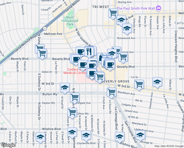 map of restaurants, bars, coffee shops, grocery stores, and more near 8700 Beverly Boulevard in Los Angeles