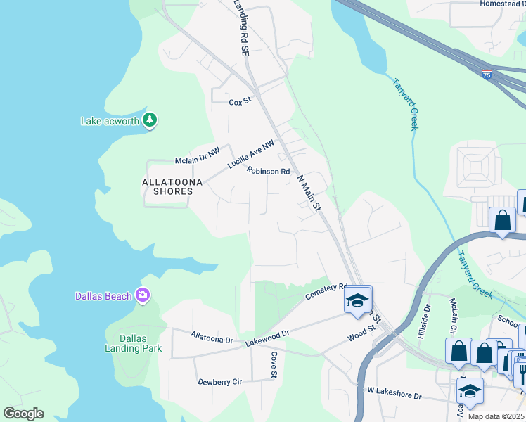 map of restaurants, bars, coffee shops, grocery stores, and more near 4861 Robinson Square Drive in Acworth