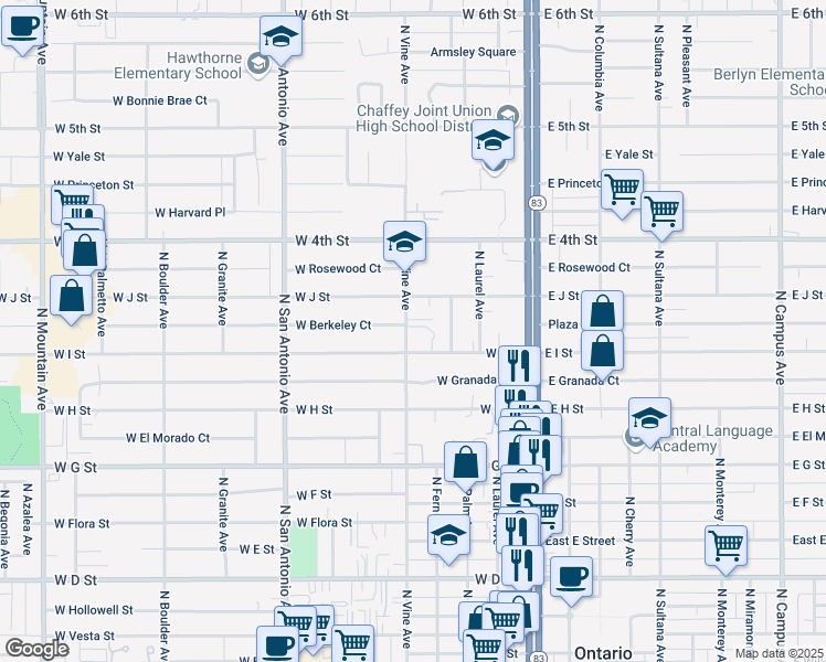 map of restaurants, bars, coffee shops, grocery stores, and more near 944 North Vine Avenue in Ontario