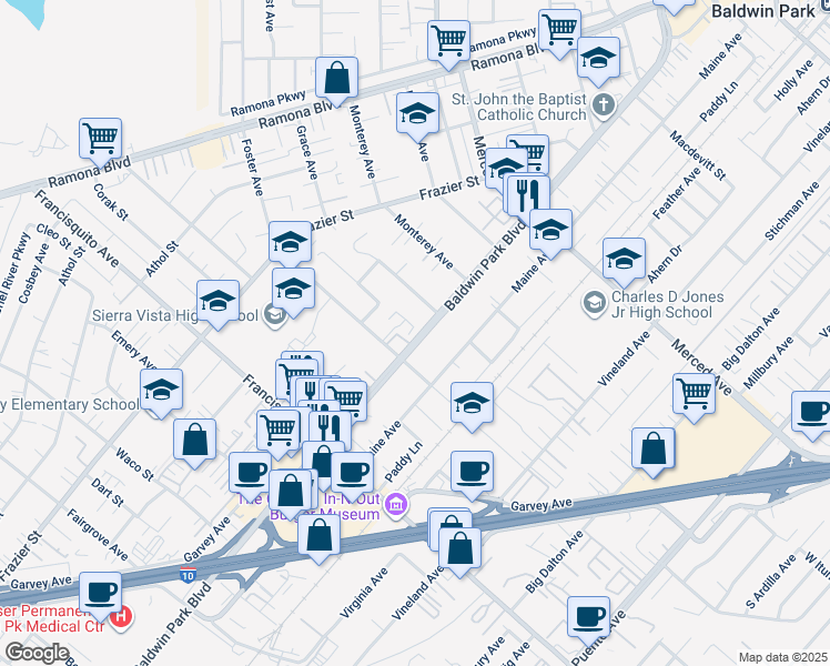 map of restaurants, bars, coffee shops, grocery stores, and more near 13655 Foster Avenue in Baldwin Park