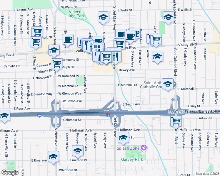 map of restaurants, bars, coffee shops, grocery stores, and more near 133 West Marshall Street in San Gabriel