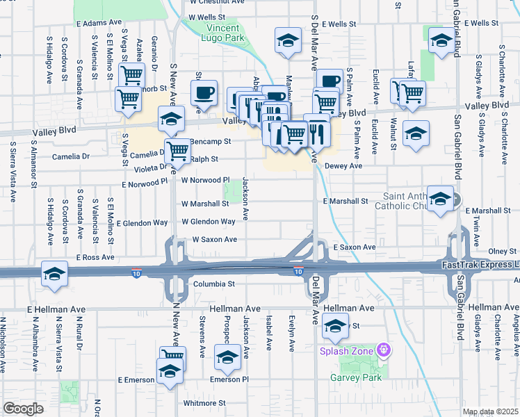 map of restaurants, bars, coffee shops, grocery stores, and more near 169 West Marshall Street in San Gabriel