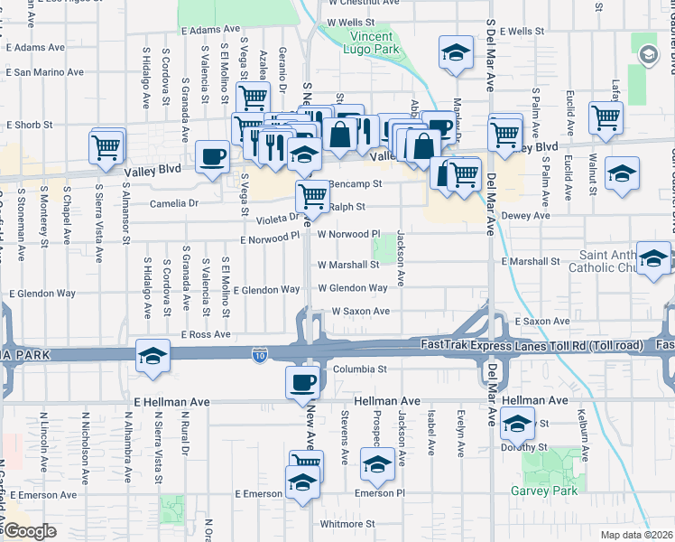 map of restaurants, bars, coffee shops, grocery stores, and more near 501 West Marshall Street in San Gabriel