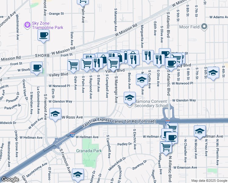 map of restaurants, bars, coffee shops, grocery stores, and more near 1516 South Marengo Avenue in Alhambra