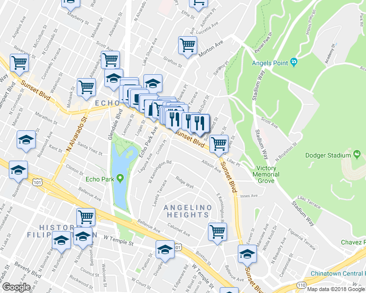 map of restaurants, bars, coffee shops, grocery stores, and more near 1498 Sunset Boulevard in Los Angeles