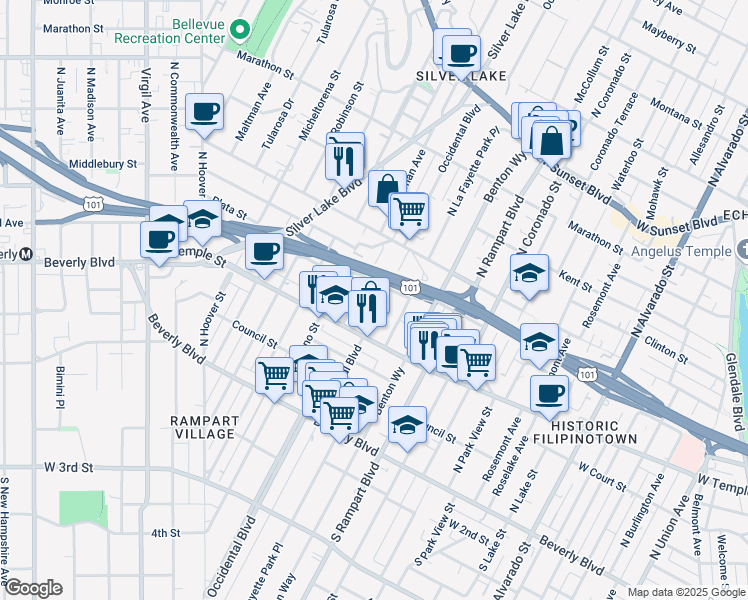 map of restaurants, bars, coffee shops, grocery stores, and more near 363 North Occidental Boulevard in Los Angeles