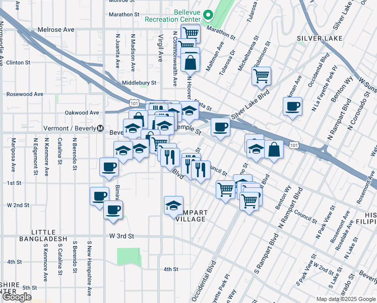 map of restaurants, bars, coffee shops, grocery stores, and more near 235 North Hoover Street in Los Angeles