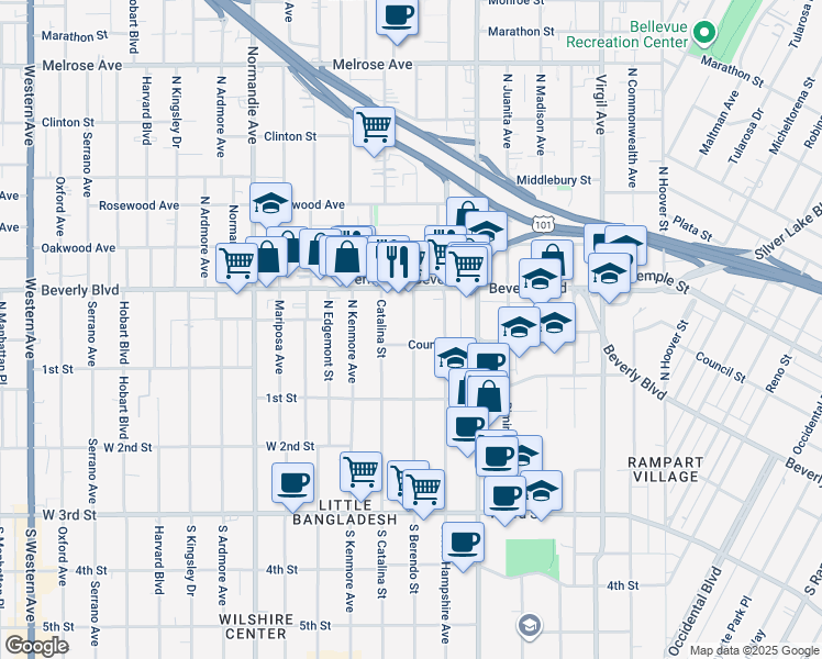 map of restaurants, bars, coffee shops, grocery stores, and more near 3960 Beverly Boulevard in Los Angeles