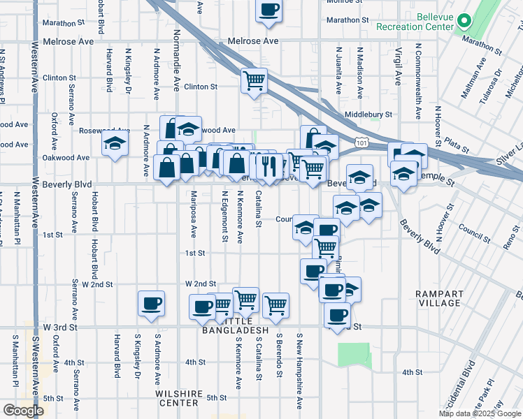 map of restaurants, bars, coffee shops, grocery stores, and more near 237 North Catalina Street in Los Angeles