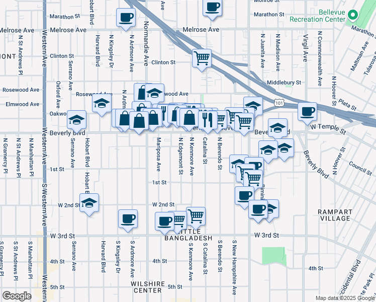 map of restaurants, bars, coffee shops, grocery stores, and more near 203 North Edgemont Street in Los Angeles