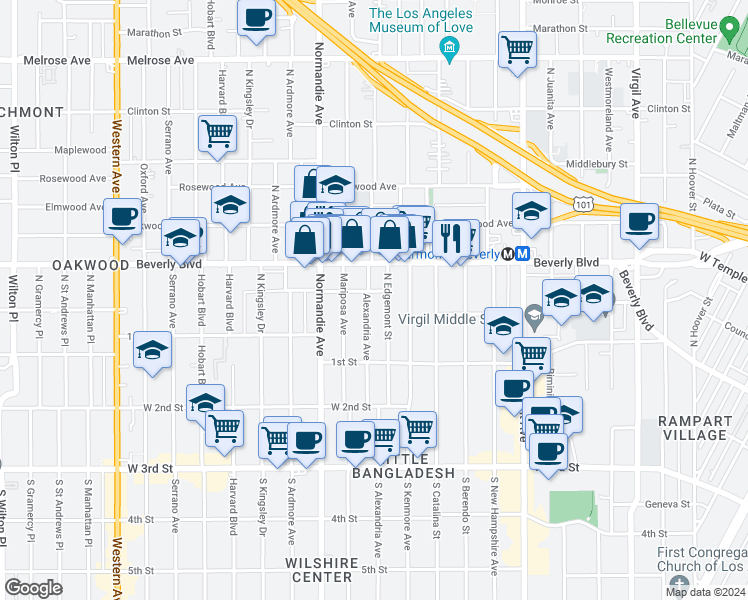 map of restaurants, bars, coffee shops, grocery stores, and more near 203 North Edgemont Street in Los Angeles
