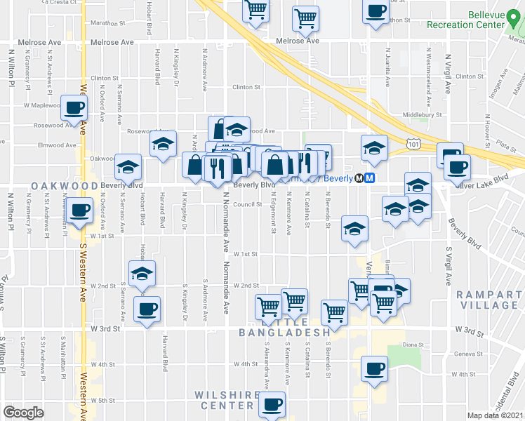 map of restaurants, bars, coffee shops, grocery stores, and more near 203 North Edgemont Street in Los Angeles