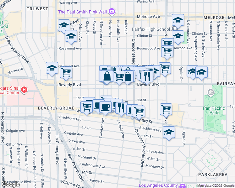 map of restaurants, bars, coffee shops, grocery stores, and more near 139 North La Jolla Avenue in Los Angeles