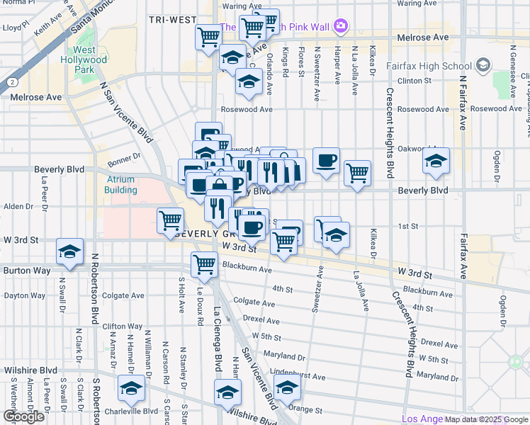 map of restaurants, bars, coffee shops, grocery stores, and more near in Los Angeles