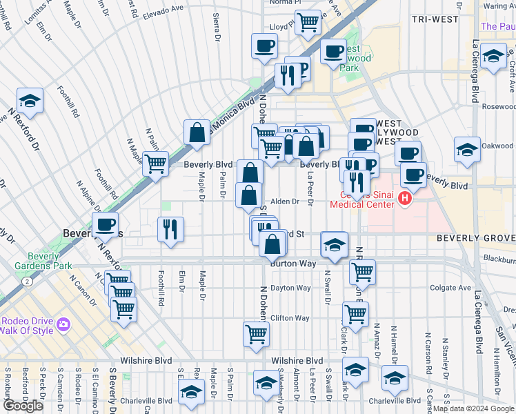 map of restaurants, bars, coffee shops, grocery stores, and more near 400 North Oakhurst Drive in Beverly Hills