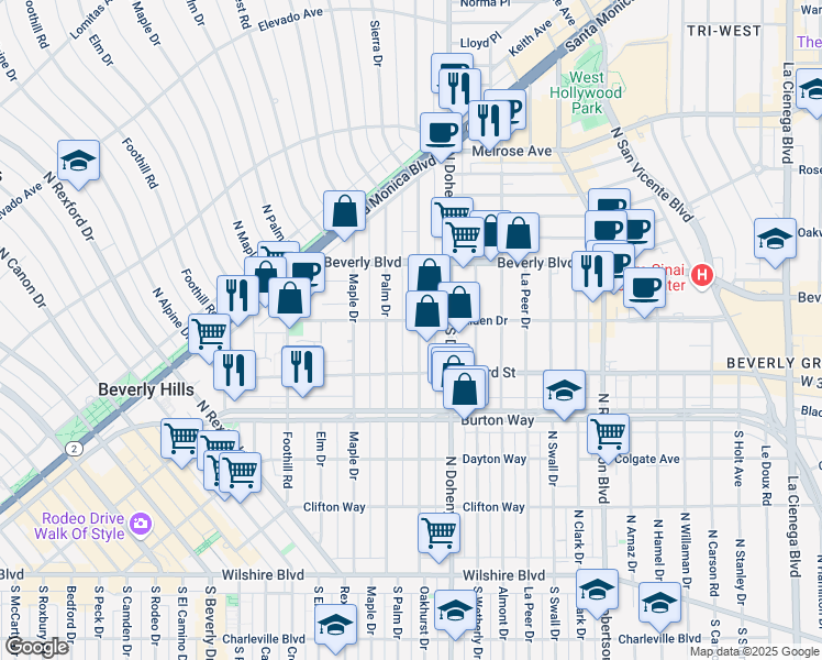 map of restaurants, bars, coffee shops, grocery stores, and more near 9183 Alden Drive in Beverly Hills