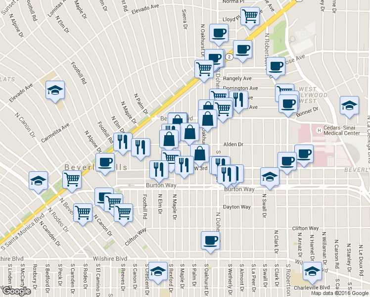 map of restaurants, bars, coffee shops, grocery stores, and more near 9183 Alden Drive in Beverly Hills