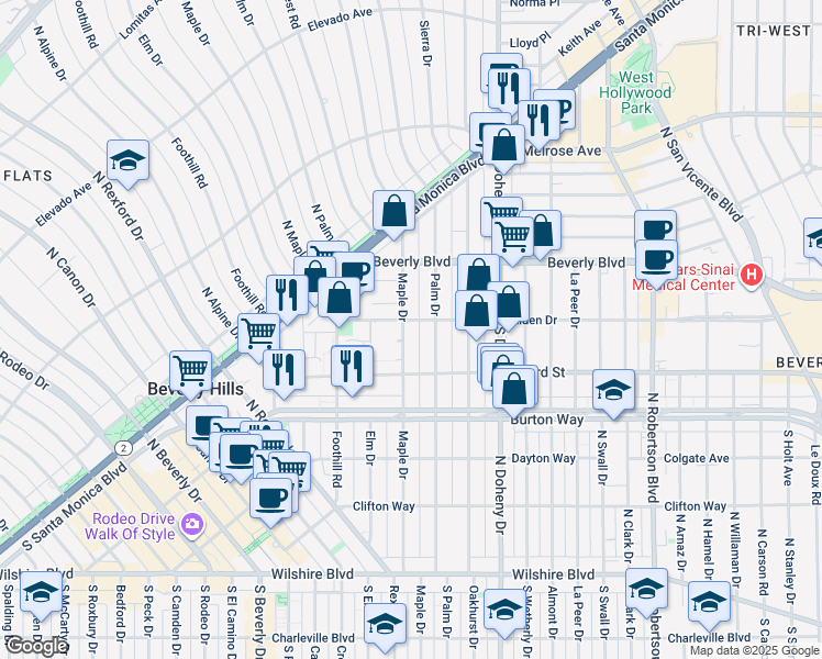 map of restaurants, bars, coffee shops, grocery stores, and more near 9231 Alden Drive in Beverly Hills