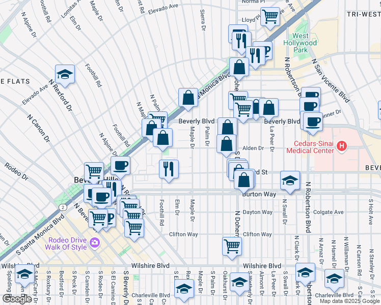 map of restaurants, bars, coffee shops, grocery stores, and more near 9231 Alden Drive in Beverly Hills