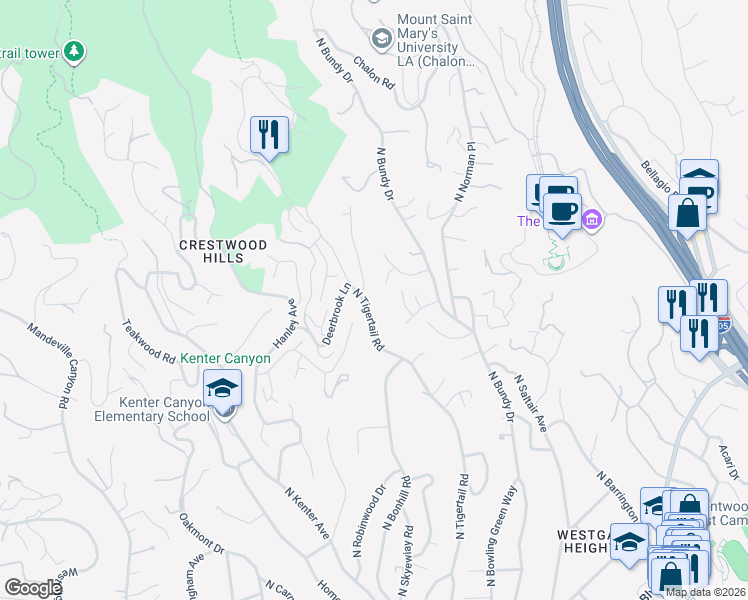 map of restaurants, bars, coffee shops, grocery stores, and more near 12144 Travis Street in Los Angeles