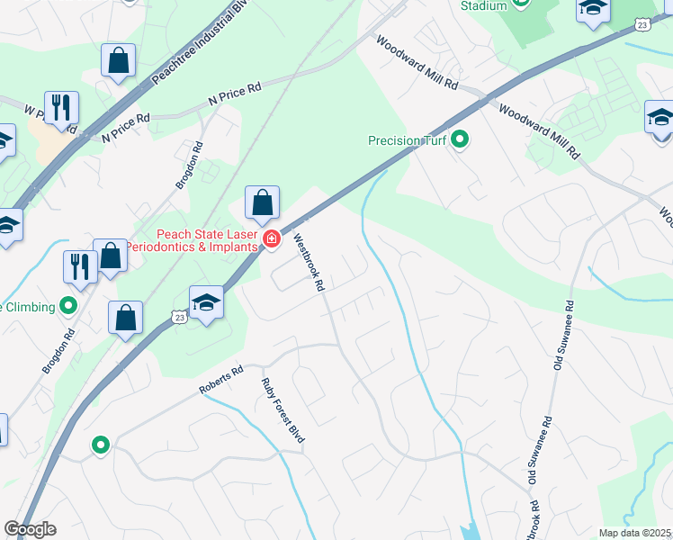 map of restaurants, bars, coffee shops, grocery stores, and more near 4273 Winslow Hill Court in Suwanee