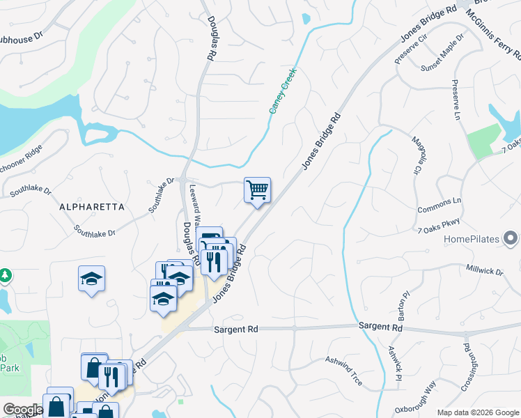 map of restaurants, bars, coffee shops, grocery stores, and more near 11770 Leeward Walk Circle in Alpharetta