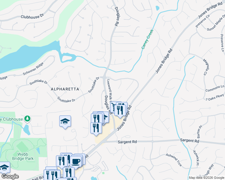 map of restaurants, bars, coffee shops, grocery stores, and more near 12095 Leeward Walk Circle in Alpharetta