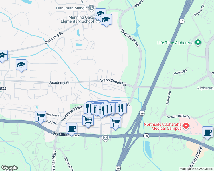 map of restaurants, bars, coffee shops, grocery stores, and more near 5108 Woodland Lane in Alpharetta