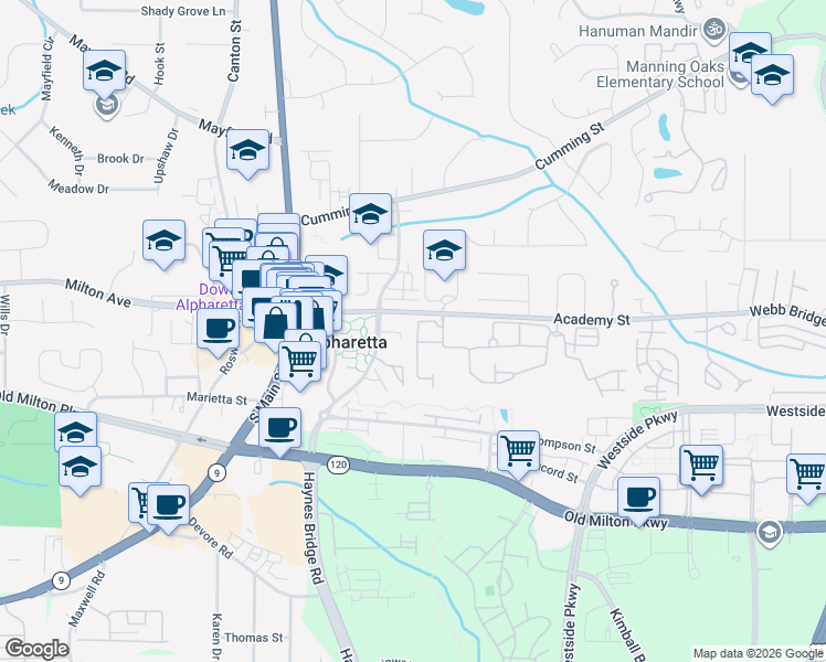 map of restaurants, bars, coffee shops, grocery stores, and more near 12545 Wexcroft Lane in Alpharetta