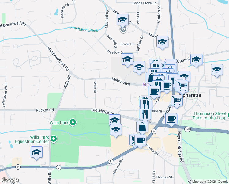 map of restaurants, bars, coffee shops, grocery stores, and more near 202 Trammell Place in Alpharetta