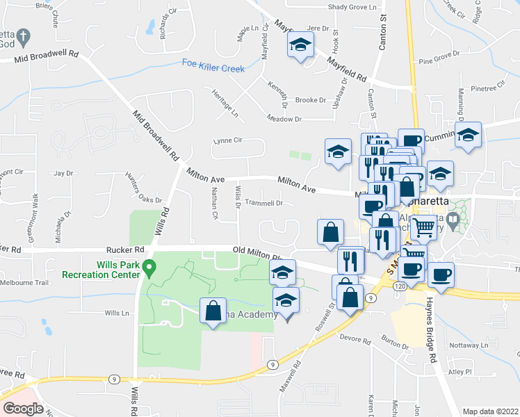 map of restaurants, bars, coffee shops, grocery stores, and more near 435 Trammell Drive in Alpharetta