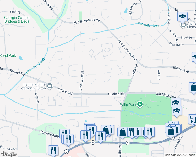 map of restaurants, bars, coffee shops, grocery stores, and more near 5040 Fox Lair Lane in Alpharetta