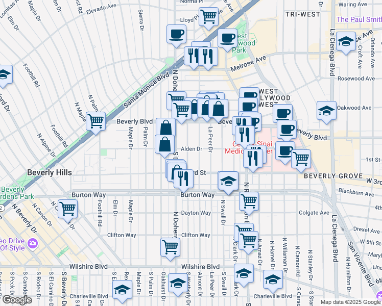 map of restaurants, bars, coffee shops, grocery stores, and more near 108 South Wetherly Drive in Los Angeles