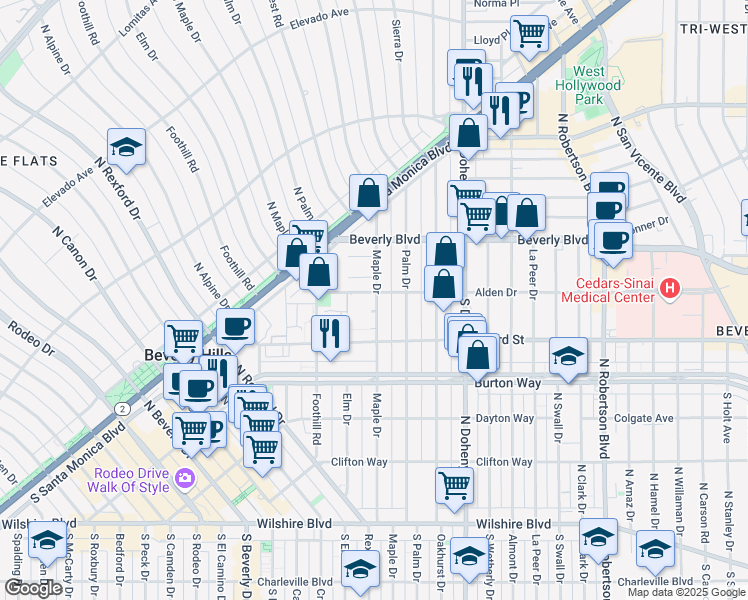 map of restaurants, bars, coffee shops, grocery stores, and more near 345 North Maple Drive in Beverly Hills