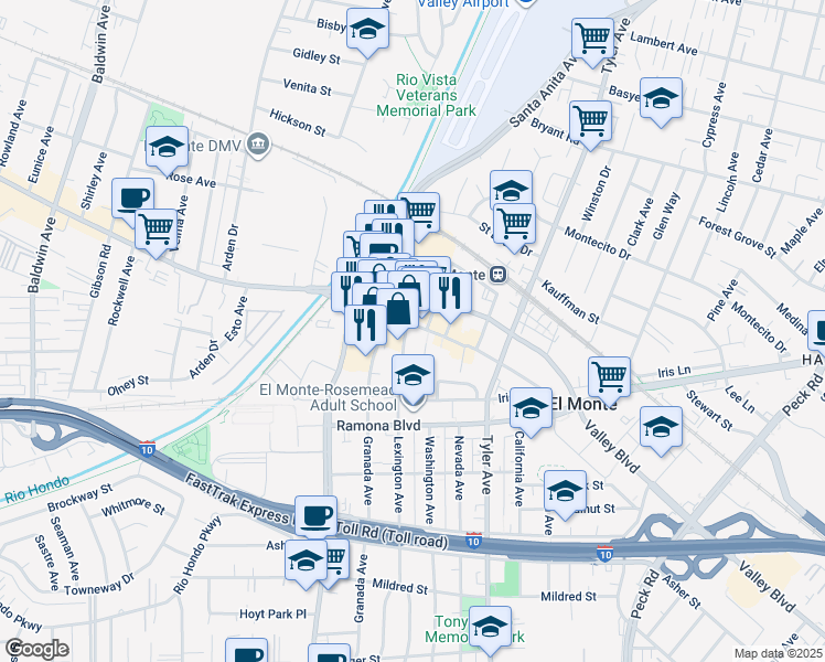 map of restaurants, bars, coffee shops, grocery stores, and more near 10721 Main Street in El Monte