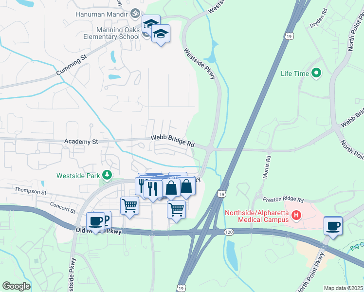 map of restaurants, bars, coffee shops, grocery stores, and more near 8106 Woodland Lane in Alpharetta