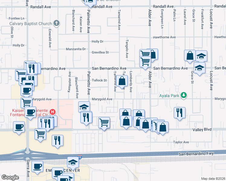 map of restaurants, bars, coffee shops, grocery stores, and more near 9846 Tamarind Avenue in Bloomington