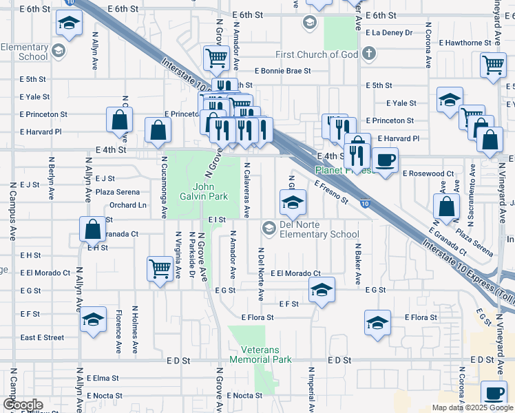 map of restaurants, bars, coffee shops, grocery stores, and more near 937 North El Dorado Avenue in Ontario