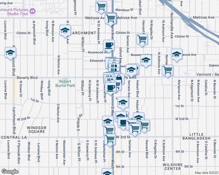 map of restaurants, bars, coffee shops, grocery stores, and more near 233 North Western Avenue in Los Angeles