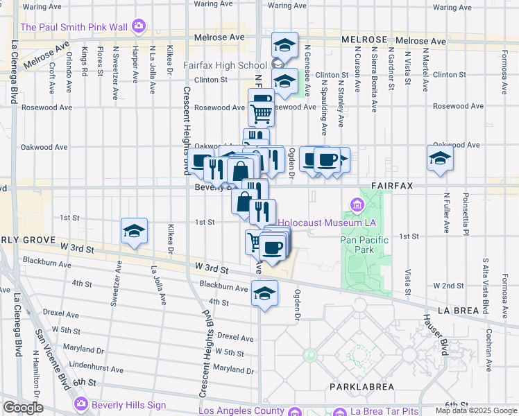 map of restaurants, bars, coffee shops, grocery stores, and more near 145 North Fairfax Avenue in Los Angeles