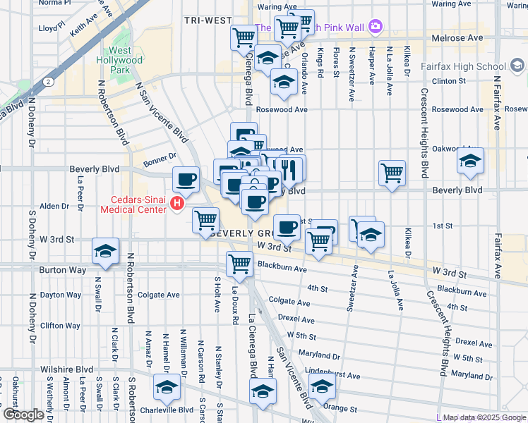 map of restaurants, bars, coffee shops, grocery stores, and more near 100 North La Cienega Boulevard in Los Angeles