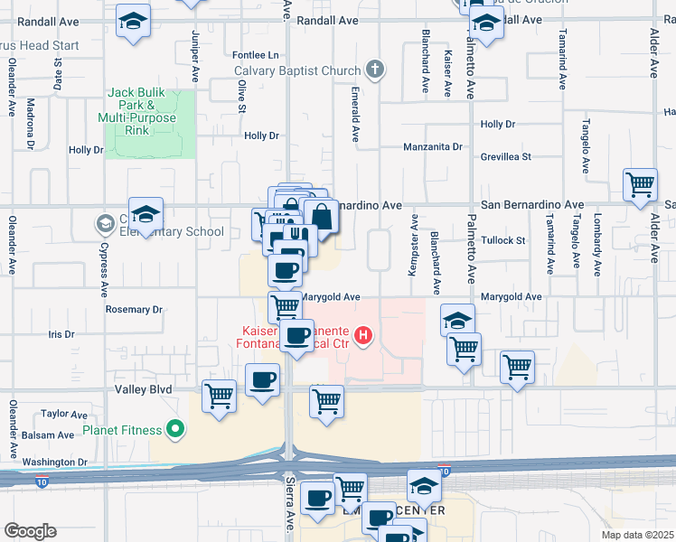 map of restaurants, bars, coffee shops, grocery stores, and more near 17010 Marygold Avenue in Fontana