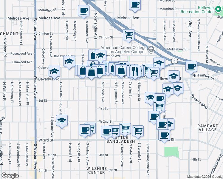 map of restaurants, bars, coffee shops, grocery stores, and more near 178 North Alexandria Avenue in Los Angeles